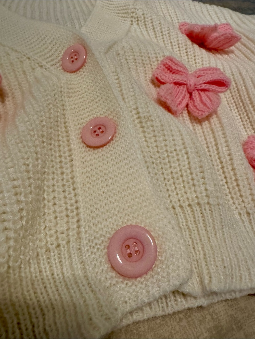 Cream Cropped Knit Cardigan with Pink Coquette Bow Appliqués - Picture 3 of 7